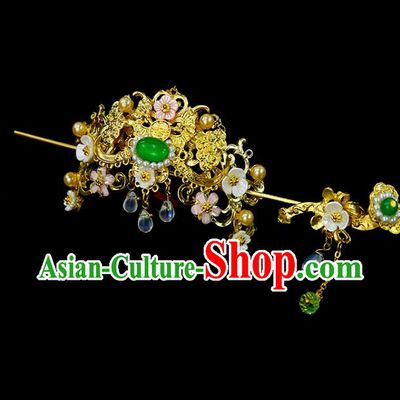 Chinese Ancient Princess Green Glass Hair Crown and Hairpins Traditional Classical Dance Hair Accessories for Women