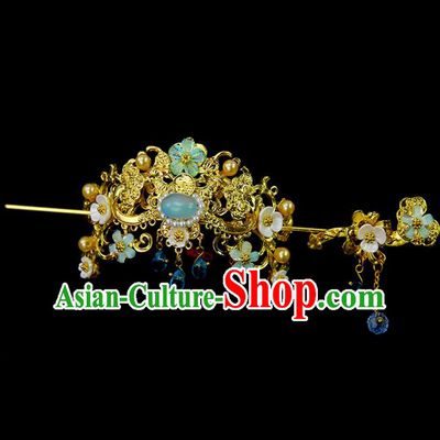 Chinese Ancient Princess Blue Glass Hair Crown and Hairpins Traditional Classical Dance Hair Accessories for Women
