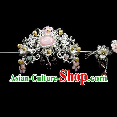 Chinese Ancient Princess Argent Hair Crown and Flower Hairpins Traditional Classical Dance Hair Accessories for Women