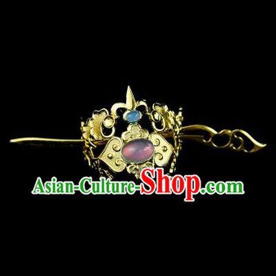 Chinese Drama Royal Prince Lilac Glass Hair Crown and Golden Hairpin Ancient Swordsman Hair Accessories for Men