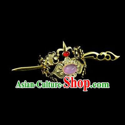 Chinese Drama Royal Prince Purple Glass Hair Crown and Golden Hairpin Ancient Swordsman Hair Accessories for Men