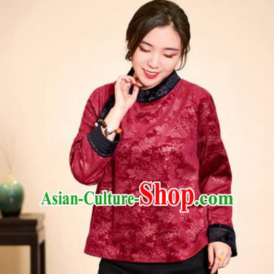 Top Grade Traditional Chinese Embroidered Wine Red Blouse Tang Suit Silk Upper Outer Garment for Women