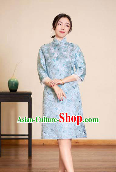 Traditional Chinese Graceful Cheongsam Light Blue Silk Qipao Dress for Women Traditional Chinese Graceful Cheongsam Light Blue Silk Qipao Dress for Women