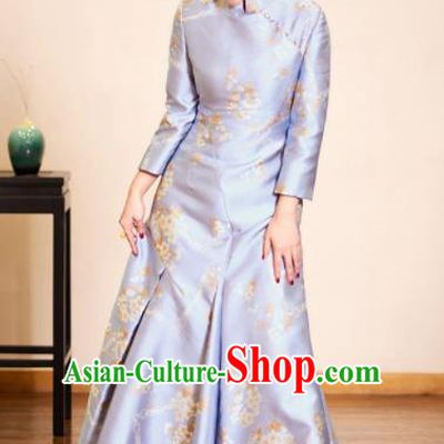 Traditional Chinese Graceful Brocade Cheongsam Light Blue Silk Qipao Dress for Women
