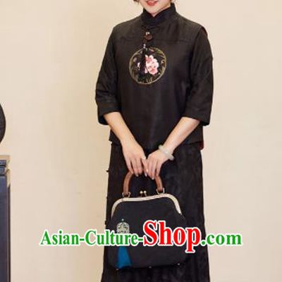 Top Grade Traditional Chinese Embroidered Black Vest Tang Suit Upper Outer Garment for Women