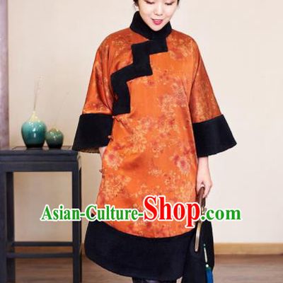 Traditional Chinese Graceful Orange Brocade Cheongsam Silk Qipao Dress for Women