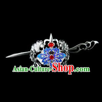 Chinese Drama Nobility Childe Cloisonne Lotus Hair Crown and Argent Hairpin Ancient Swordsman Hair Accessories for Men