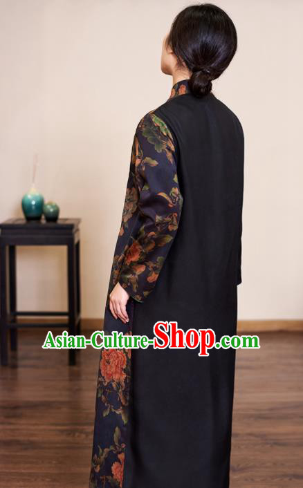 Traditional Chinese Graceful Printing Peony Navy Cheongsam Silk Qipao Dress for Women Traditional Chinese Graceful Printing Peony Navy Cheongsam Silk Qipao Dress for Women