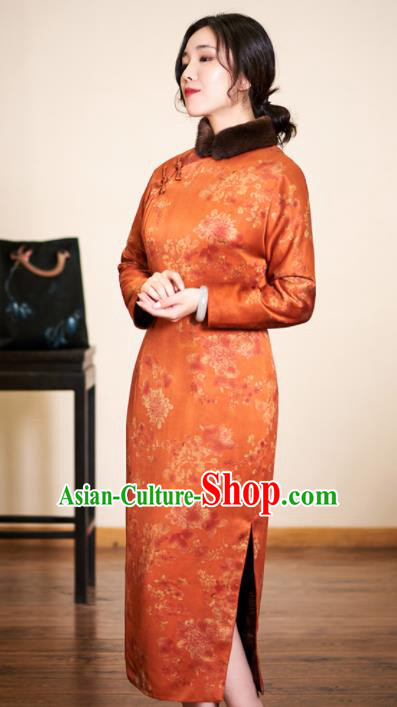 Traditional Chinese Graceful Printing Orange Cheongsam Silk Qipao Dress for Women Traditional Chinese Graceful Printing Orange Cheongsam Silk Qipao Dress for Women