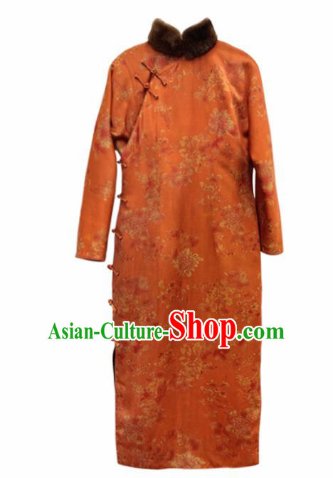 Traditional Chinese Graceful Printing Orange Cheongsam Silk Qipao Dress for Women Traditional Chinese Graceful Printing Orange Cheongsam Silk Qipao Dress for Women