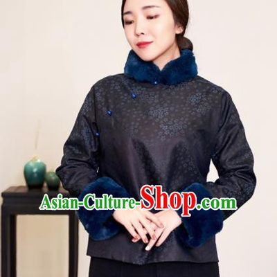 Top Grade Traditional Chinese Printing Black Wadded Jacket Tang Suit Silk Upper Outer Garment for Women