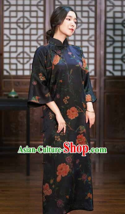 Traditional Chinese Graceful Black Cheongsam Tang Suit Silk Qipao Dress for Women Traditional Chinese Graceful Black Cheongsam Tang Suit Silk Qipao Dress for Women
