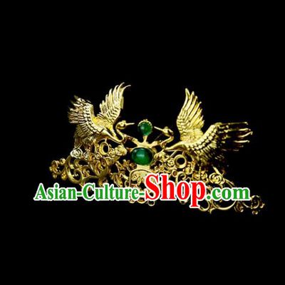 Chinese Ancient Princess Green Glass Golden Crane Hair Crown Traditional Classical Dance Hair Accessories for Women