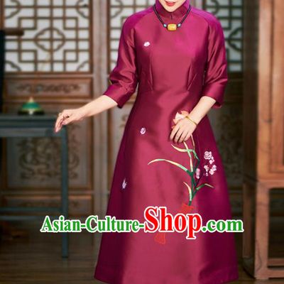 Traditional Chinese Graceful Embroidered Lotus Wine Red Cheongsam Tang Suit Silk Qipao Dress for Women