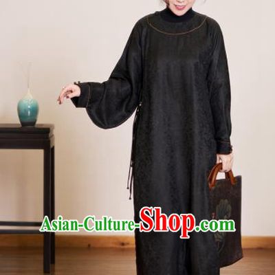 Traditional Chinese Cheongsam Black Silk Qipao Dress for Women