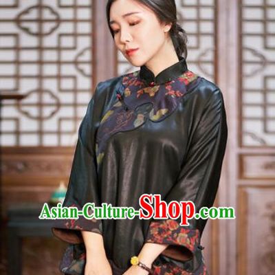 Top Grade Traditional Chinese Embroidered Black Jacket Tang Suit Silk Upper Outer Garment for Women