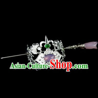 Chinese Drama Argent Hair Crown and Purple Magnolia Hairpin Ancient Swordsman Hair Accessories for Men
