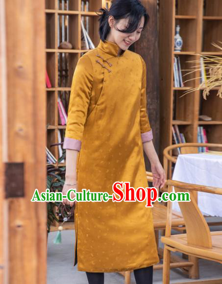 Traditional Chinese National Graceful Golden Silk Cheongsam Tang Suit Qipao Dress for Women Traditional Chinese National Graceful Golden Silk Cheongsam Tang Suit Qipao Dress for Women