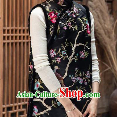 Top Grade Traditional Chinese Embroidered Black Cotton Wadded Vest Tang Suit Upper Outer Garment for Women