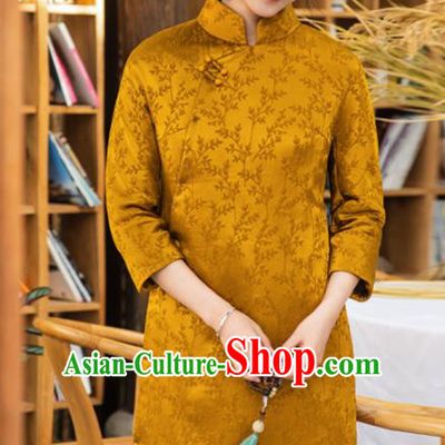 Traditional Chinese National Graceful Silk Cheongsam Tang Suit Golden Qipao Dress for Women