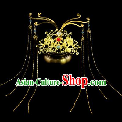 Chinese Ancient Queen Golden Tassel Hair Crown Hairpins Traditional Classical Dance Hair Accessories for Women