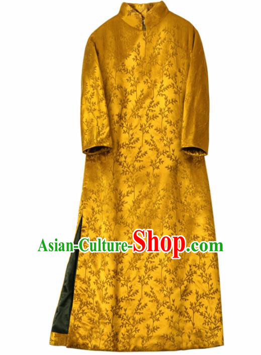 Traditional Chinese National Graceful Silk Cheongsam Tang Suit Golden Qipao Dress for Women Traditional Chinese National Graceful Silk Cheongsam Tang Suit Golden Qipao Dress for Women