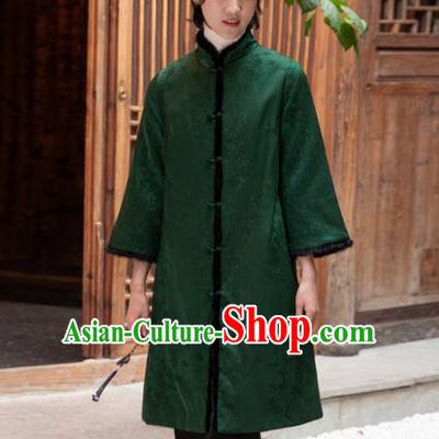 Top Grade Traditional Chinese National Green Cotton Wadded Coat Tang Suit Silk Upper Outer Garment for Women