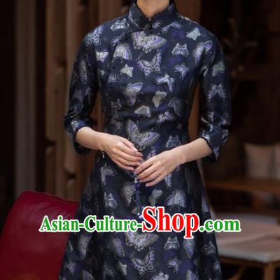 Traditional Chinese National Graceful Printing Butterfly Navy Silk Cheongsam Tang Suit Qipao Dress for Women
