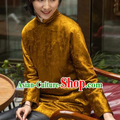 Top Grade Traditional Chinese National Golden Cotton Wadded Coat Tang Suit Silk Upper Outer Garment for Women
