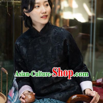 Top Grade Traditional Chinese National Black Cotton Wadded Coat Tang Suit Silk Upper Outer Garment for Women
