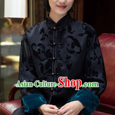 Top Grade Traditional Chinese National Embroidered Black Velvet Cotton Wadded Jacket Tang Suit Silk Upper Outer Garment for Women