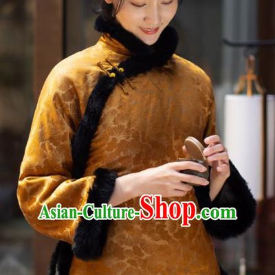 Top Grade Traditional Chinese National Golden Velvet Cotton Wadded Jacket Tang Suit Silk Upper Outer Garment for Women
