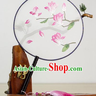 Chinese Traditional Embroidered Mangnolia Round Fan Classical Palace Fans for Women