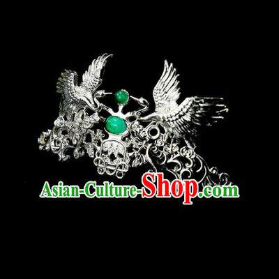 Chinese Ancient Princess Green Glass Argent Crane Hair Crown Traditional Classical Dance Hair Accessories for Women