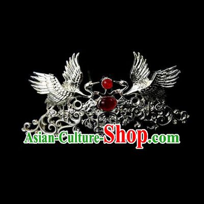 Chinese Ancient Princess Red Glass Argent Crane Hair Crown Traditional Classical Dance Hair Accessories for Women