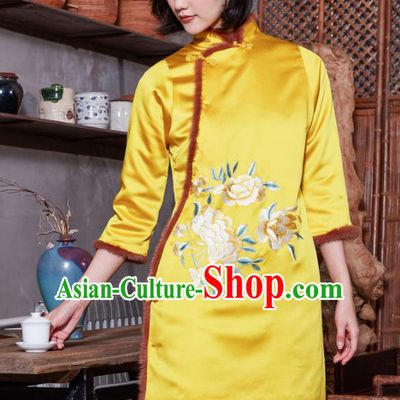 Top Grade Traditional Chinese National Embroidered Peony Yellow Silk Jacket Tang Suit Upper Outer Garment for Women