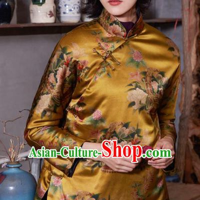Top Grade Traditional Chinese National Printing Golden Silk Jacket Tang Suit Upper Outer Garment for Women