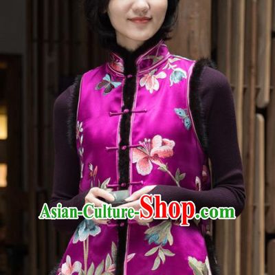 Top Grade Traditional Chinese Embroidered Purple Silk Vest Tang Suit Upper Outer Garment for Women