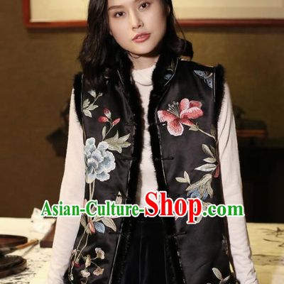 Top Grade Traditional Chinese Embroidered Black Silk Vest Tang Suit Upper Outer Garment for Women