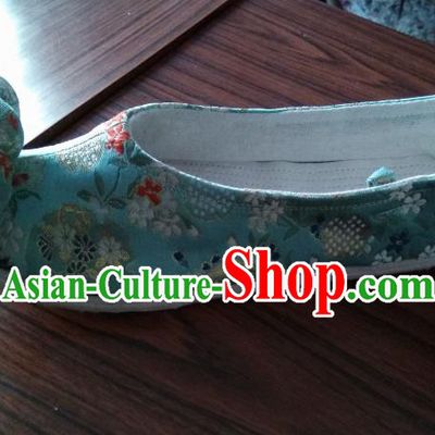 Chinese Traditional Blue Brocade Bow Shoes Opera Shoes Hanfu Shoes Ancient Princess Shoes for Women