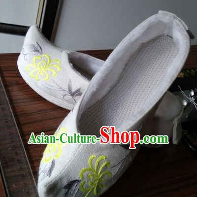 Chinese Traditional Embroidered White Flax Bow Shoes Opera Shoes Hanfu Shoes Ancient Princess Shoes for Women
