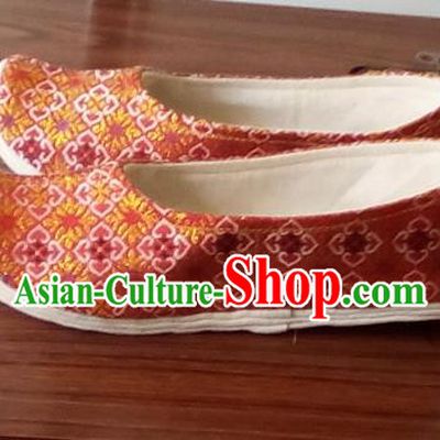 Chinese Traditional Handmade Orange Brocade Bow Shoes Opera Shoes Hanfu Shoes Ancient Princess Shoes for Women