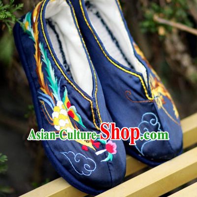 Chinese Traditional National Embroidered Dragon Phoenix Navy Shoes Hanfu Shoes for Women