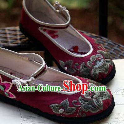 Chinese Traditional National Embroidered Wine Red Shoes Hanfu Shoes for Women