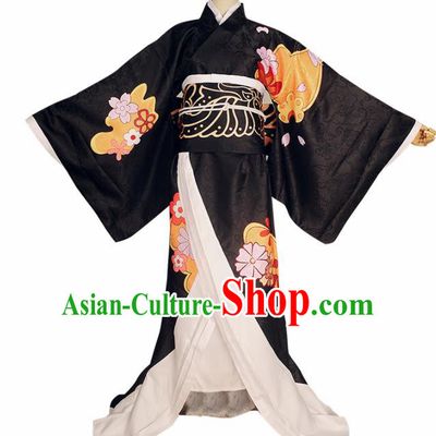 Japanese Cosplay Geisha Black Kimono Dress Traditional Ancient Courtesan Costume for Women