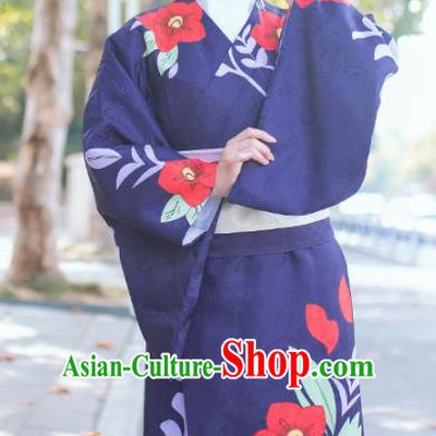Japanese Cosplay Geisha Deep Blue Kimono Dress Traditional Ancient Courtesan Costume for Women
