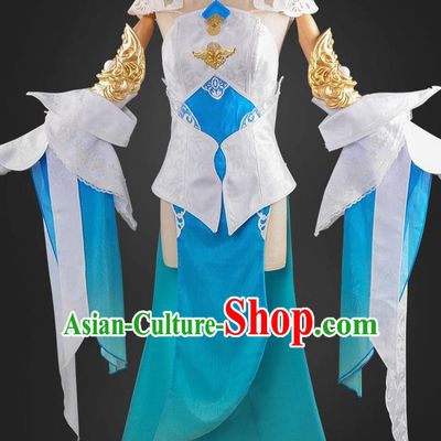 Chinese Cosplay Game Fairy Princess Blue Dress Traditional Ancient Female Swordsman Costume for Women