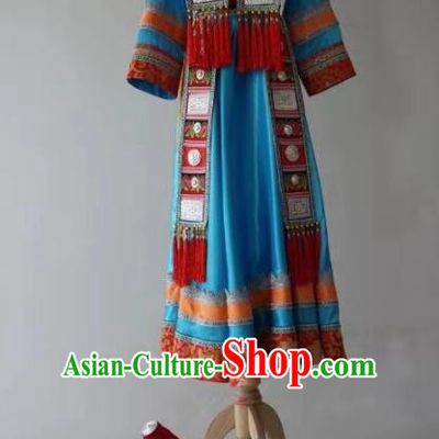 Chinese Yugu Ethnic Stage Show Costumes Traditional Nationality Folk Dance Blue Dress for Women