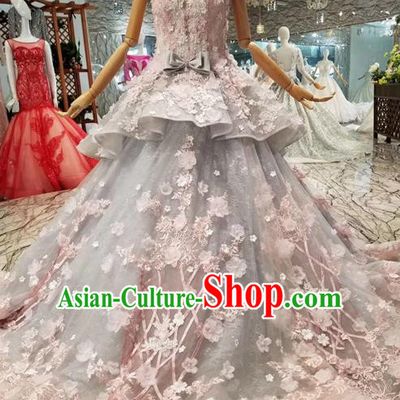 Custom Compere Embroidered Grey Trailing Full Dress Wedding Bride Costumes Top Grade Bridal Gown for Women