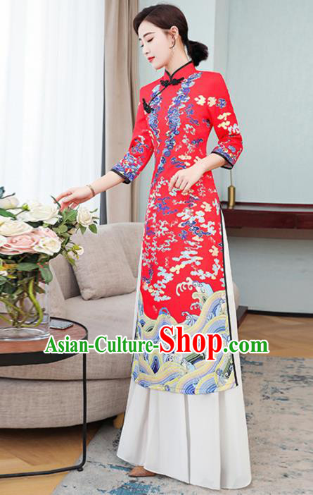 Vietnamese Traditional Costume Vietnam Red Ao Dai Dress for Women Vietnamese Traditional Costume Vietnam Red Ao Dai Dress for Women